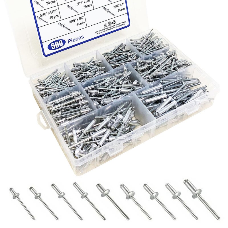Maozaa 500 PCS Aluminum Blind Rivets, 9 Sizes Pop Rivets Assortment Kit (1/8""x1/4"", 5/16"", 3/8"", 1/2""; 3/16""x5/16"", 3/8"", 1/2"", 5/8"", 1""), Blind Rivet (Silver) - Image 1